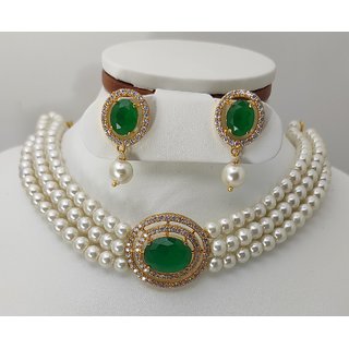                       Mother of Pearl, Stone, Cotton Dori, Alloy Gold-plated Jewel Set  (White, Green)                                              