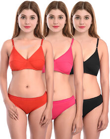 Women Cotton Bra Panty Set for Lingerie Set ( Pack of 3 ) ( Color  Red,Pink,Black ) ( Size  30 )