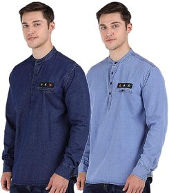 Fair Crafts Denim Shirt Banded Collar Regular Fit (Pack of 2) Color Light Blue  Dark Blue