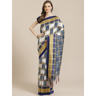                       SVB Saree White And Blue Art Silk Printed Saree With Tassels                                              