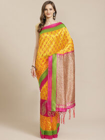 SVB Saree Yellow & Pink Art Silk Printed Saree With Tassels