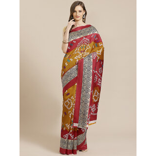                       SVB Saree Mustard And Red Art Silk Printed Sare                                              