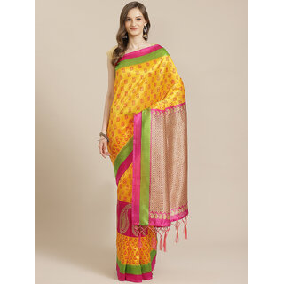                       SVB Saree Yellow & Pink Art Silk Printed Saree With Tassels                                              