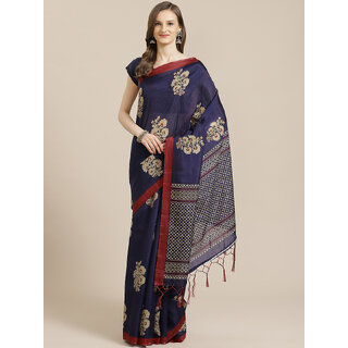 SVB Saree Navy Blue Art Silk Printed Saree With Tassels