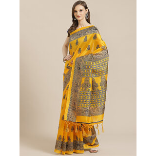                       SVB Saree Yellow Colour  Art Silk Printed Saree With Tassels                                              