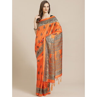                       SVB Saree Orange  Art Silk Printed Saree With Tassels                                              