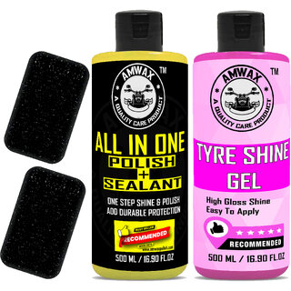 Amwax All In One Polish And Sealant 500 ml, Tyre Shine Glossy 500 ml, 2 Applicator Combo