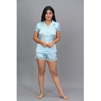 Faiseanta Premium Satin Shirt Short Set Aqua Blue Loungewear  Luxury Nightwear for Women and Girls (Aqua Blue, Medium)