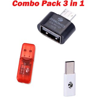 ZEBRONICS ZEB Combo of Micro Sd USB Card Reader, Micro USB OTG Adapter and Type-C to Micro USB Adapter (Pack of 3)