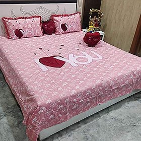 Peponi Lovely 5 Pcs 100 Cotton I Love You Patch Luxury Designer 1 Bedsheet with Two Pillow Covers and Two Heart Filled