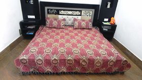 Peponi Jacquard Woven Double Bedsheet for Double Bed with 2 Pillow Covers - Light Red