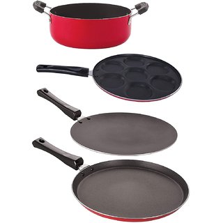 Nirlon Non-Stick 4 Piece Gas Compatible Kitchenware Item with Stainless Steel Lid, Red and Black