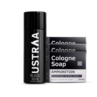                       Ustraa Black Deodorant - 150 ml And Ammunition Cologne Soap - ( Pack of 3)                                              