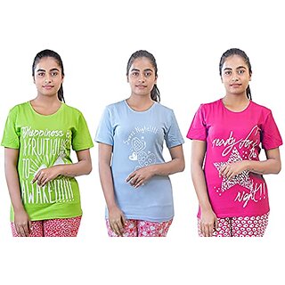 Multicolor Graphic Print Round Neck Cotton Blend T Shirt For Women (Combo Of 3) By Ww Won Now