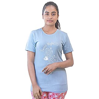                       Blue Graphic Print Cotton Blend Round Neck Tshirt For Women By Ww Won Now                                              
