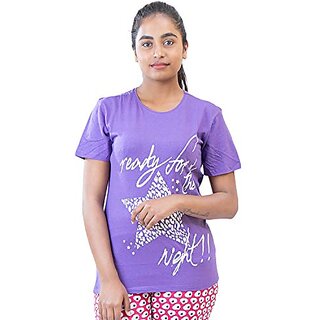                       Violet Graphic Print Round Neck Cotton Blend T Shirt For Women By Ww Won Now                                              