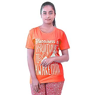                       Orange Graphic Print Round Neck Cotton Blend T Shirt For Women By Ww Won Now                                              