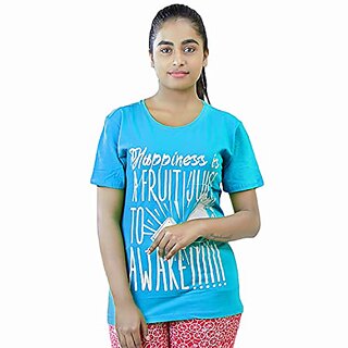                       Blue Graphic Print Round Neck Cotton Blend T Shirt For Women By Ww Won Now                                              