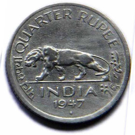 BRITISH INDIA QUARTER RUPEE COPPER NICKEL COIN - TIGER COIN - OLD INDIA COIN