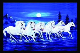 Style Ur Home -  White Seven Running Horses Wall Art - 12 X 18 - Vinyl Non Tearable High Quality Vastu Complaint Wall Poster.