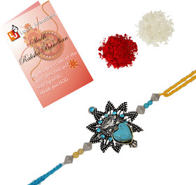 Lucky Jewellery Rakhi Siver Oxidised Turquoise Blue Rakhe Boho Collection Rakhee Bracelet for Bro/Brother Rakshasutra