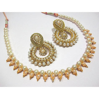                      White pearl polki necklace set                                              