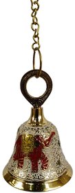 Metalcrafts  Brass bell hanging with 12 Chain, No. 3, Meena work, White color, 14 cm