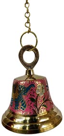 Metalcrafts  Brass bell hanging with 12 Chain, No. 4, Meena work, Pink color, 14 cm