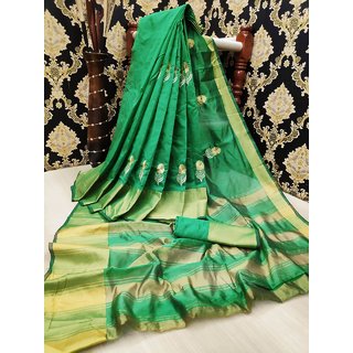                       Bhuwal Fashion Green Cotton Silk Embroidered saree BF5290                                              