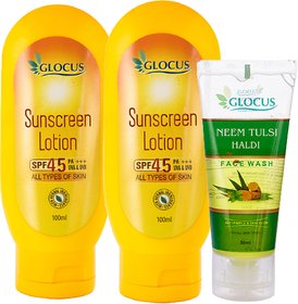 Buy (Pack of 2) Sun Screen Lotion SPF-45  100ml  Get 1 pack Neem Tulsi Haldi Face Wash 50ml Free