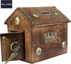 Handcrafted Wooden Money Bank Box HUT Shape