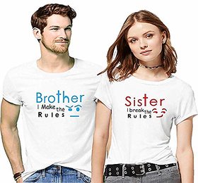 WE2 Cotton Big Brother I Make The Rules Sister I Brekas The Rules Printed White T shirt For Brother and Sister