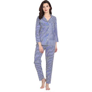                       9 Impression Women Cotton Stripe Night Suit Set (Blue  White Small)                                              