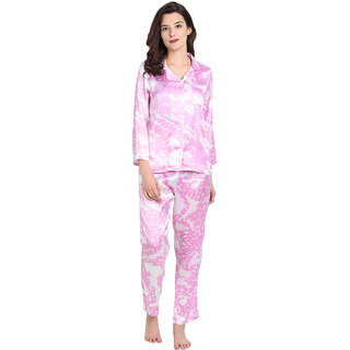                      9 Impression Women Satin Printed Night Suit (Pink & White; Small)                                              