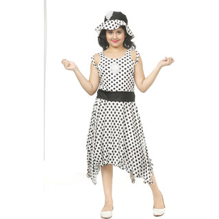 Sbn Girls White Polka Dots Knee Length Party Wear Dress With Cap