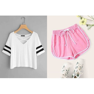                       Vivient Pink Short And White Cross Neck Combo                                              