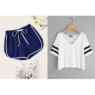                       Vivient Blue Short And White Cross Neck Combo                                              