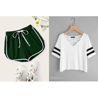                       Vivient Green Short And White Cross Neck Combo                                              