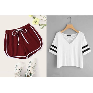                       Vivient Maroon Short And White Cross Neck Combo                                              