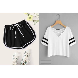                       Vivient Black Short And White Cross Neck Combo                                              
