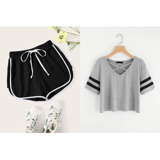                       Vivient Black Short And Grey Cross Neck Combo                                              