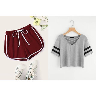                       Vivient Maroon Short And Grey Cross Neck Combo                                              