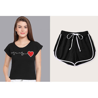                       Vivient Black Heartbeat Printed Top And Black Shorts Combo                                              
