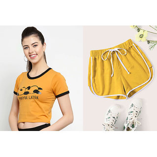                       Vivient Women Mustard MaybeLater Printed Top and Mustard Shorts Combo                                              