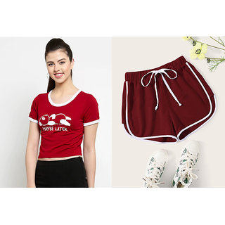                       Vivient Women Maroon Maybelater Printed Top And Maroon Shorts Combo                                              