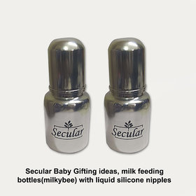 Secular Baby Gifting ideas, milk feeding bottles(milkybee) with liquid silicone nipples (150ml + 150ml)