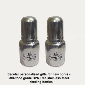 Secular personalised gifts for new borns - 304 food grade BPA Free stainless steel feeding bottles (150ml + 150ml)