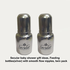 Secular baby shower gift ideas, Feeding bottles(silver) with smooth flow nipples, twin pack (150ml + 150ml)