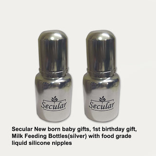                       Secular New born baby gifts, 1st birthday gift, Milk Feeding Bottles(silver) with silicone nipples (150ml+150ml)                                              