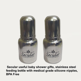 Secular useful baby shower gifts, stainless steel feeding bottle with medical grade silicone nipples, (150ml + 150ml)